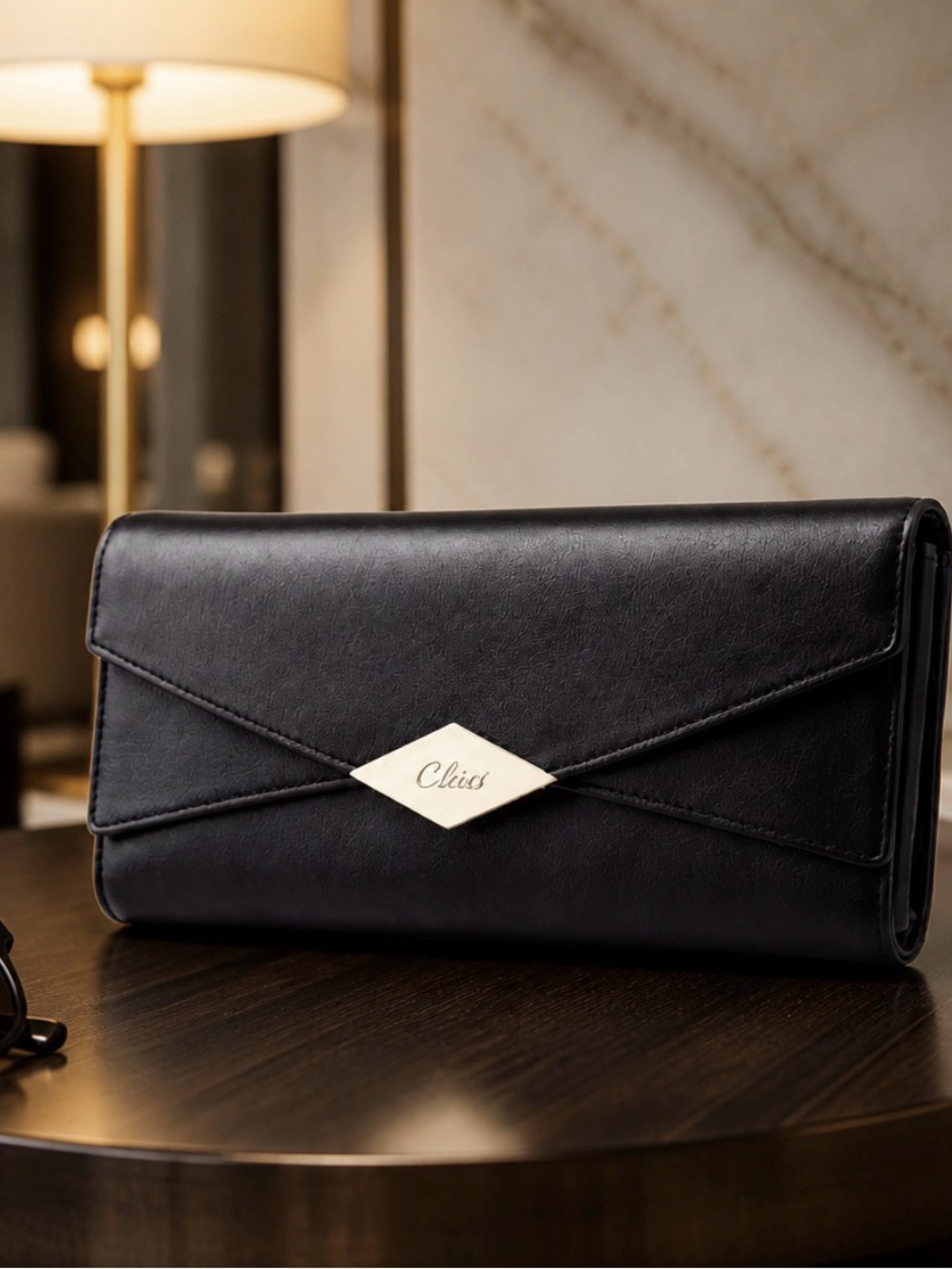 Stunning NWOT Chic Black Envelope Clutch wallet with Gold Accent